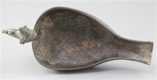 A Chinese archaic bronze ritual pouring vessel, Yi, possibly Western Zhou dynasty, 9th-8th century B.C., 28cm long